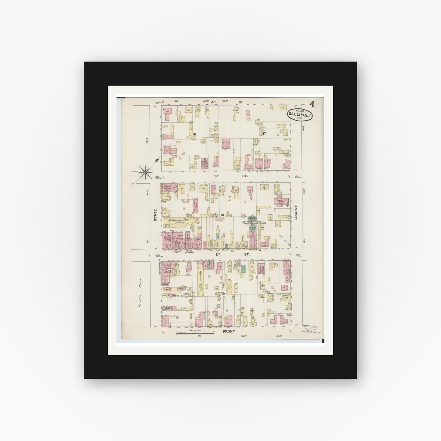 Old map wall art mockup — black gallery frame with white mat — Sanborn Fire Insurance Map from Gallipolis, Gallia County, Ohio (1890), Sheet #0004