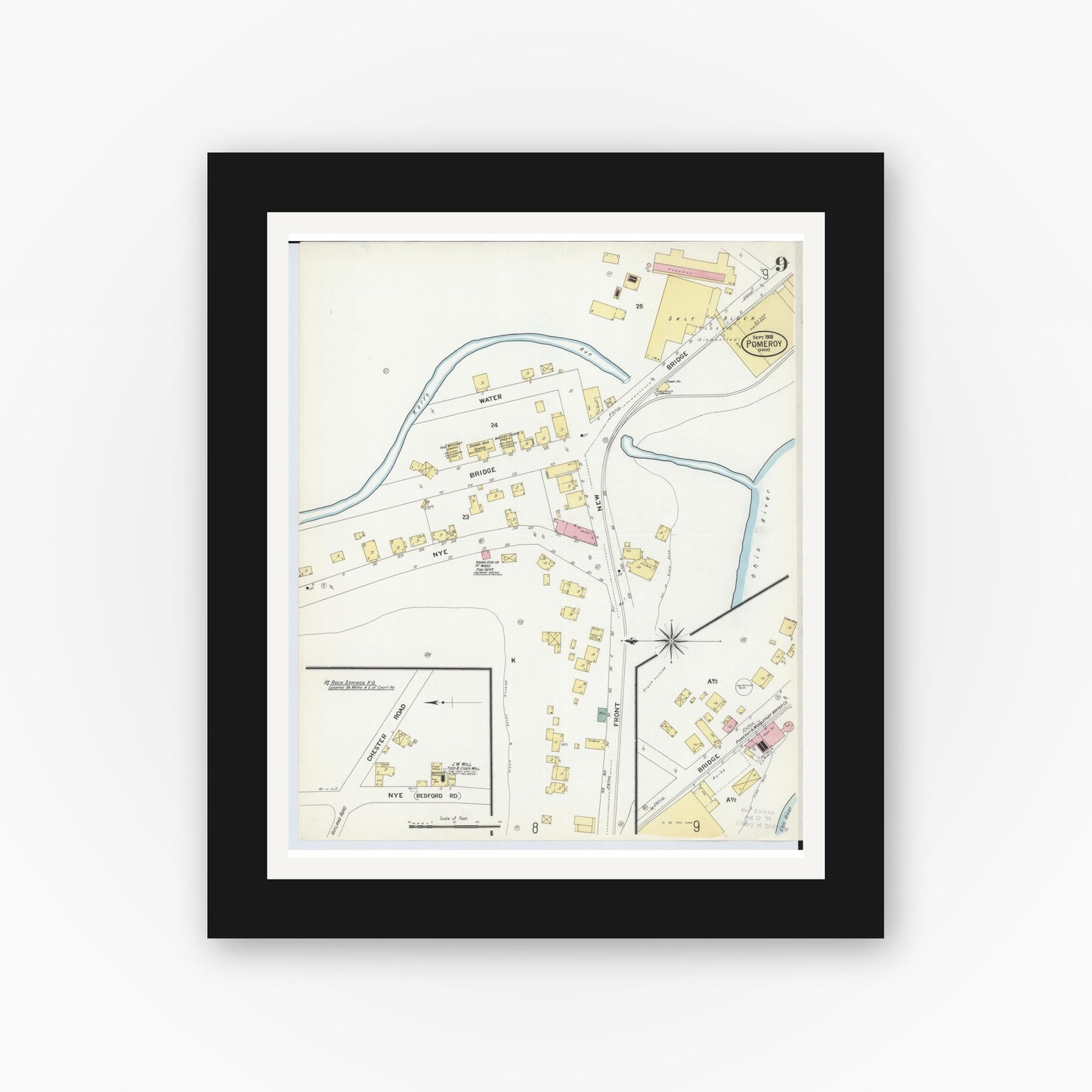 Old map wall art mockup — black gallery frame with white mat — Sanborn Fire Insurance Map from Pomeroy, Meigs County, Ohio (1908), Sheet #0009