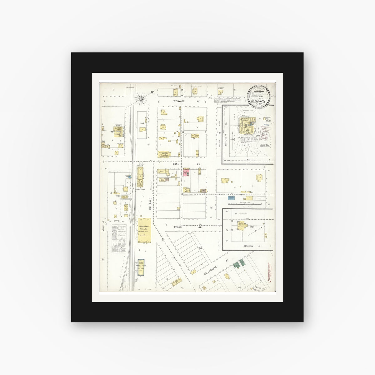Old map wall art mockup — black gallery frame with white mat — Sanborn Fire Insurance Map from Beaumont, Riverside County, California (1900), Sheet #0001