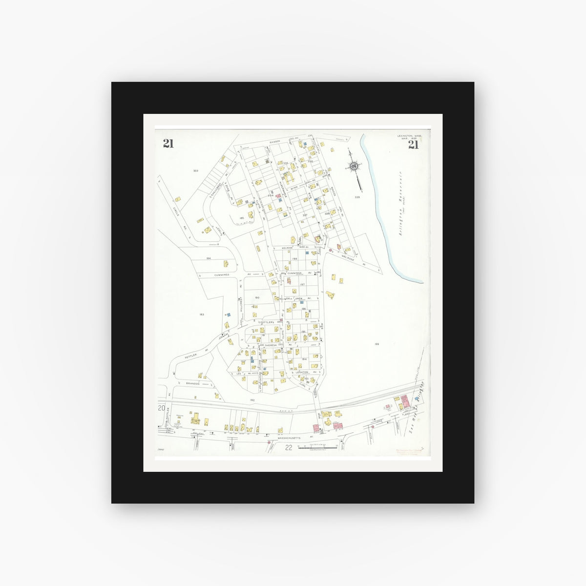 Old map wall art mockup — black gallery frame with white mat — Sanborn Fire Insurance Map from Lexington, Middlesex County, Massachusetts (1935), Sheet #0021