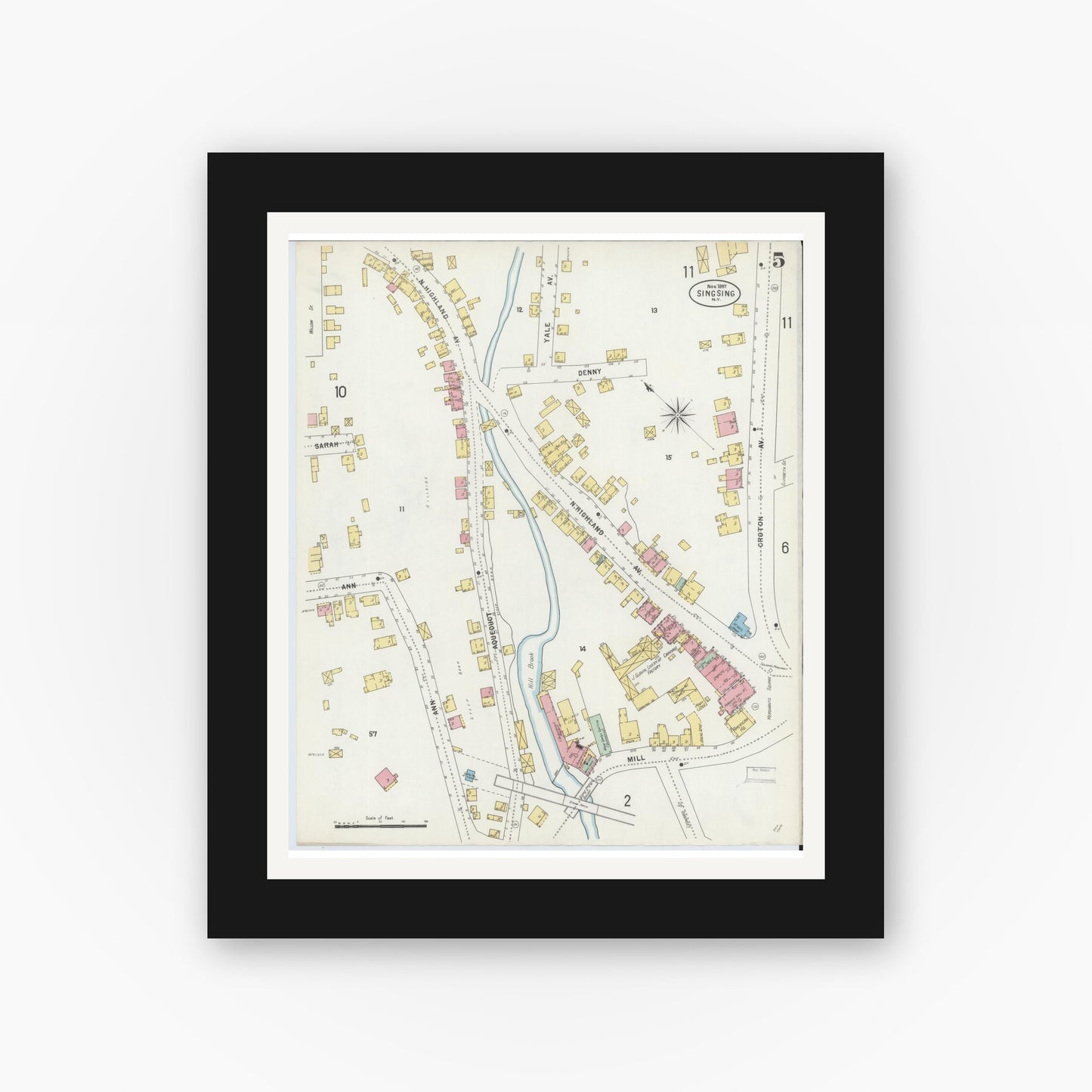 Old map wall art mockup — black gallery frame with white mat — Sanborn Fire Insurance Map from Sing Sing, Westchester County, New York (1897), Sheet #0005