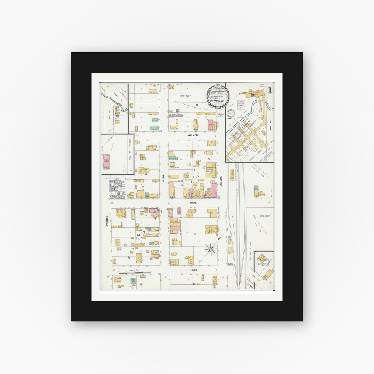 Old map wall art mockup — black gallery frame with white mat — Sanborn Fire Insurance Map from Wittenberg, Shawano County, Wisconsin (1901), Sheet #0001