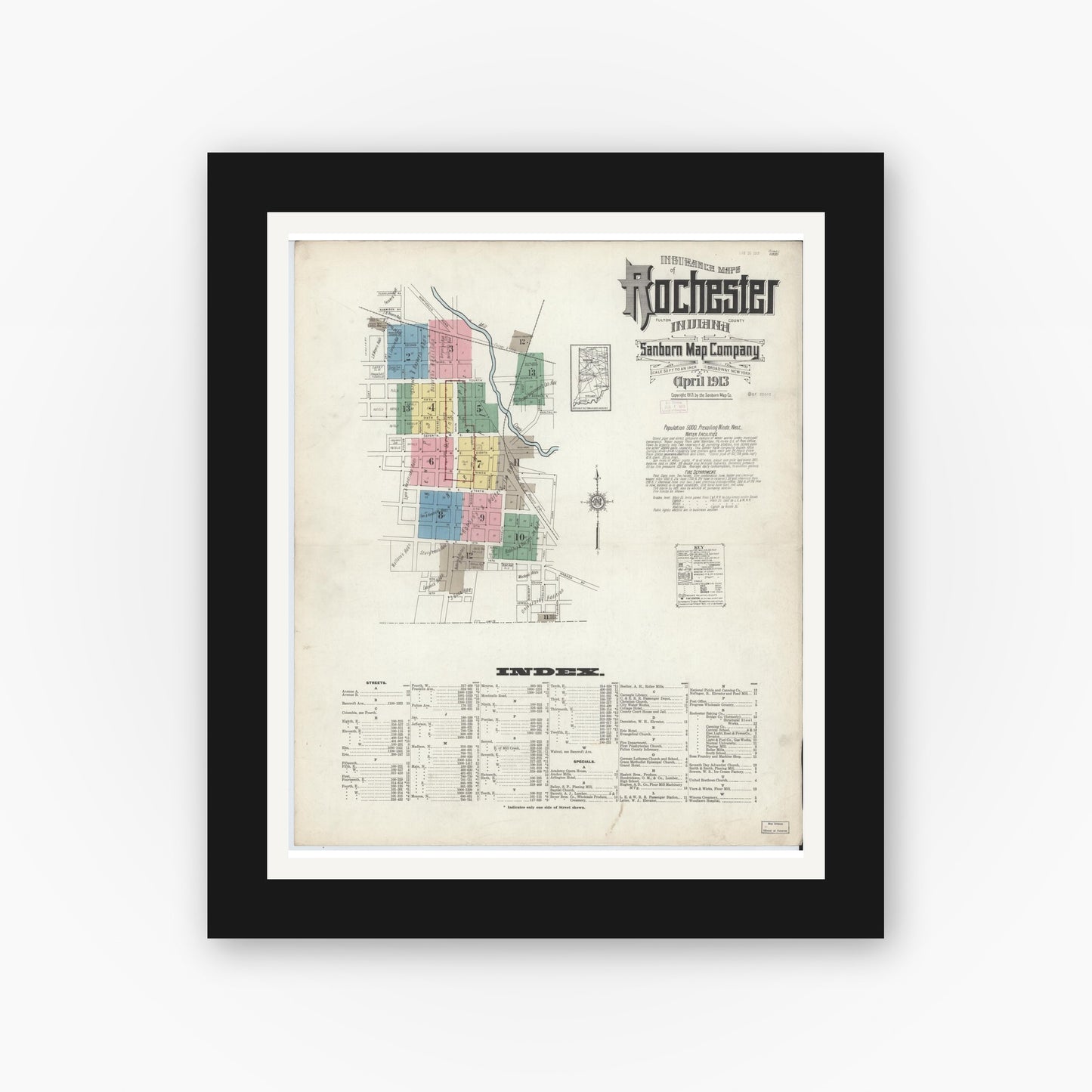 Old map wall art mockup — black gallery frame with white mat — Sanborn Fire Insurance Map from Rochester, Fulton County, Indiana (1913) - Complete Map Set
