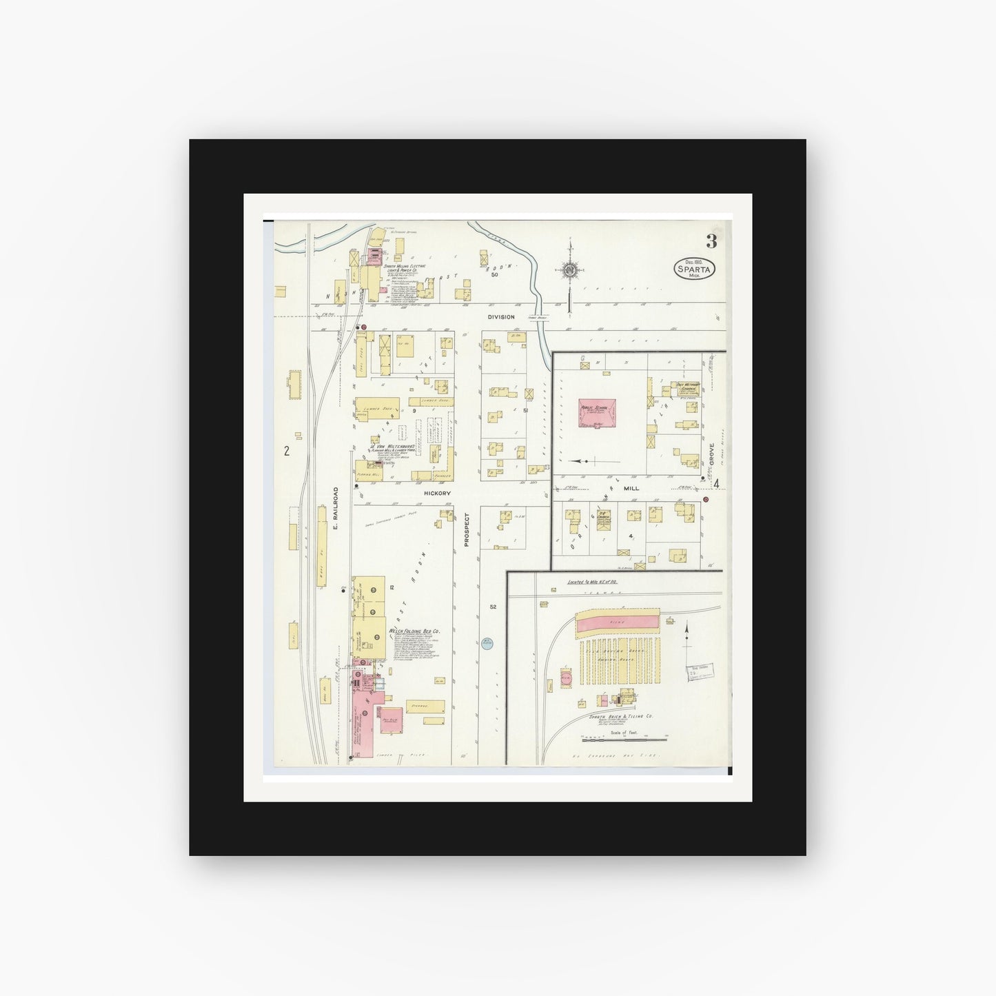 Old map wall art mockup — black gallery frame with white mat — Sanborn Fire Insurance Map from Sparta, Kent County, Michigan (1910), Sheet #0003
