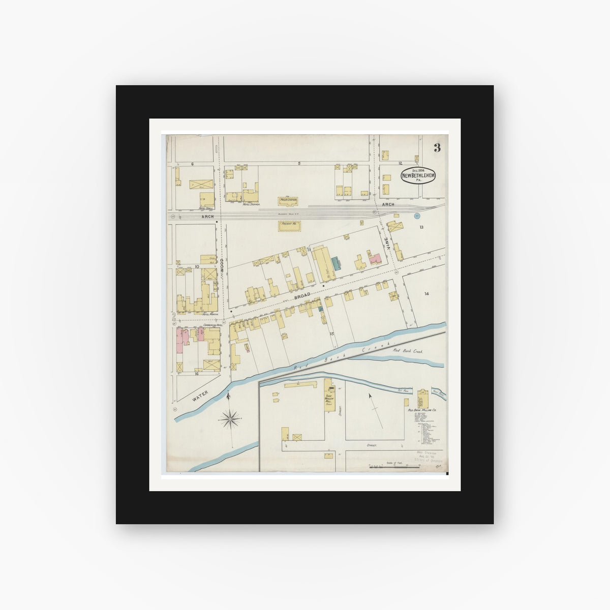 Old map wall art mockup — black gallery frame with white mat — Sanborn Fire Insurance Map from New Bethlehem, Clarion County, Pennsylvania (1894), Sheet #0003