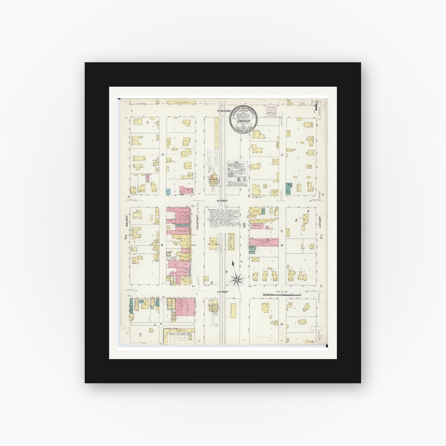 Old map wall art mockup — black gallery frame with white mat — Sanborn Fire Insurance Map from Onarga, Iroquois County, Illinois (1907), Sheet #0001