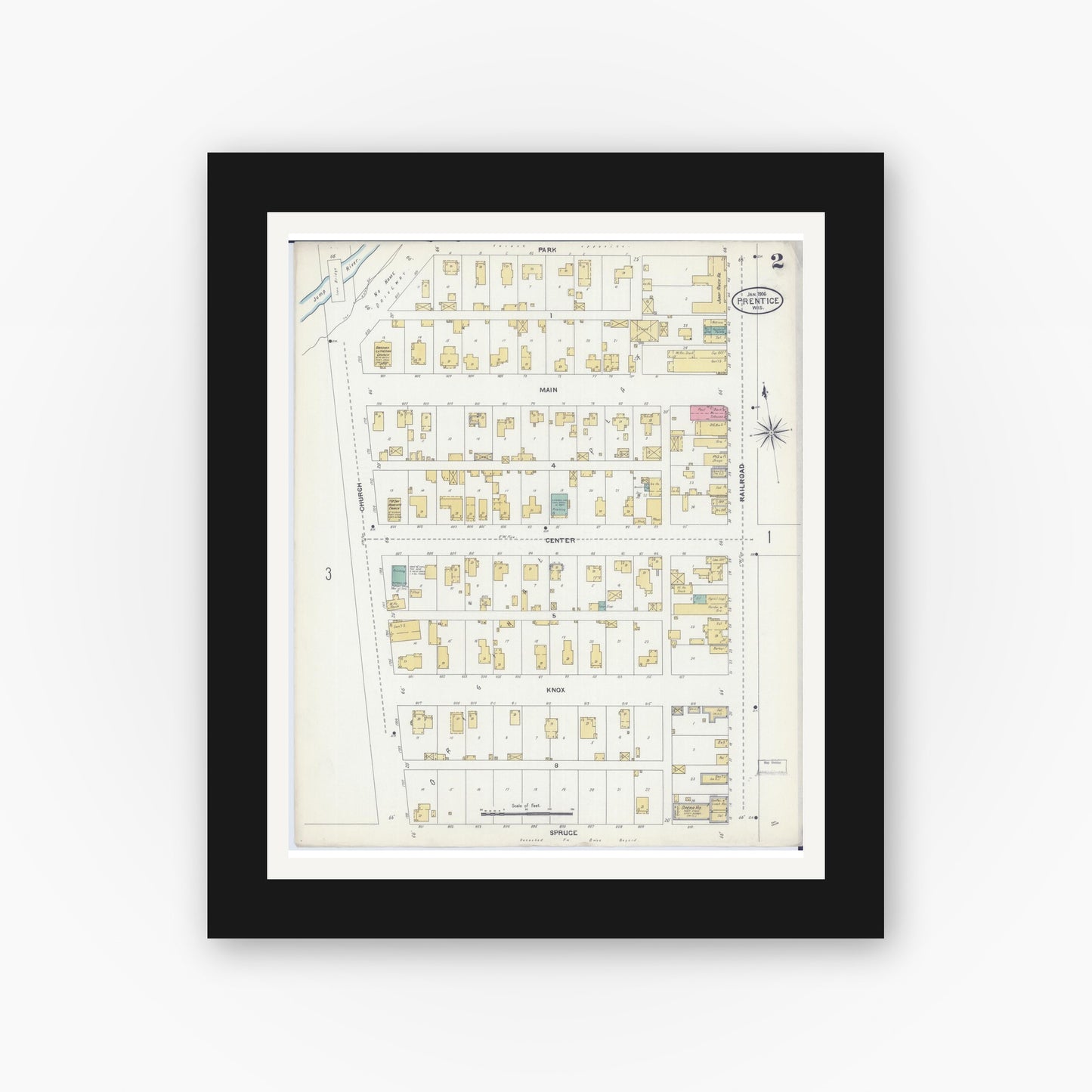 Old map wall art mockup — black gallery frame with white mat — Sanborn Fire Insurance Map from Prentice, Price County, Wisconsin (1906), Sheet #0002