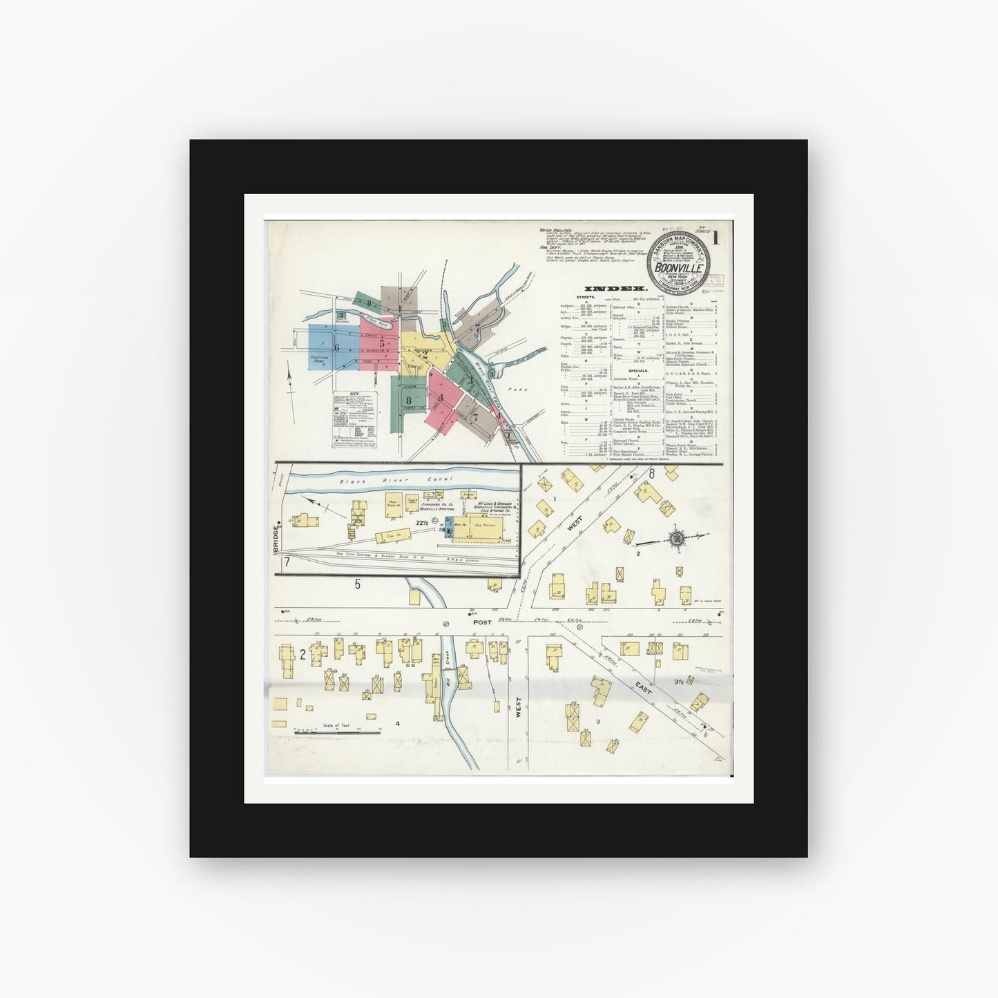 Old map wall art mockup — black gallery frame with white mat — Sanborn Fire Insurance Map from Boonville, Oneida County, New York (1909) - Complete Map Set