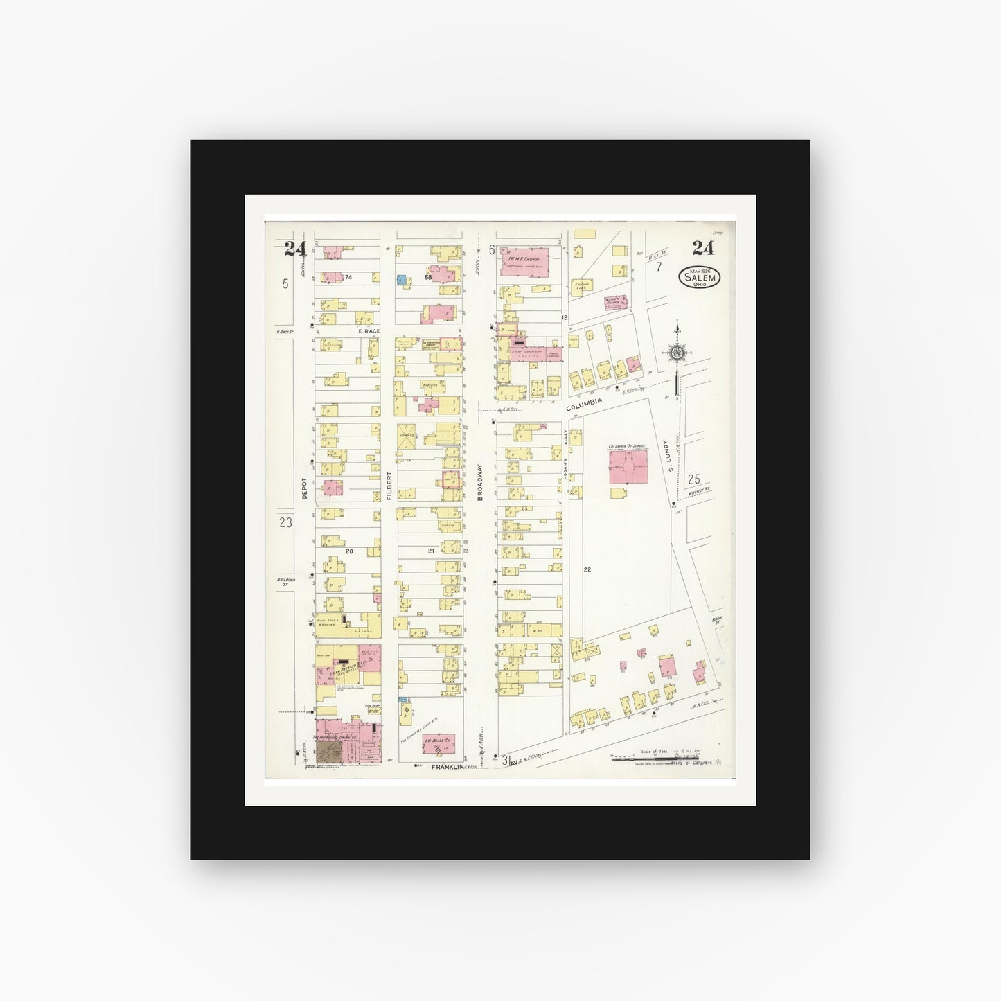 Old map wall art mockup — black gallery frame with white mat — Sanborn Fire Insurance Map from Salem, Columbiana County, Ohio (1926), Sheet #0024