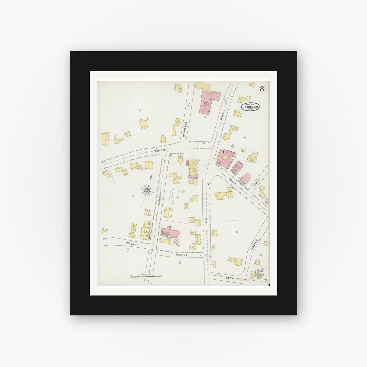 Old map wall art mockup — black gallery frame with white mat — Sanborn Fire Insurance Map from Gardner, Worcester County, Massachusetts (1895), Sheet #0008
