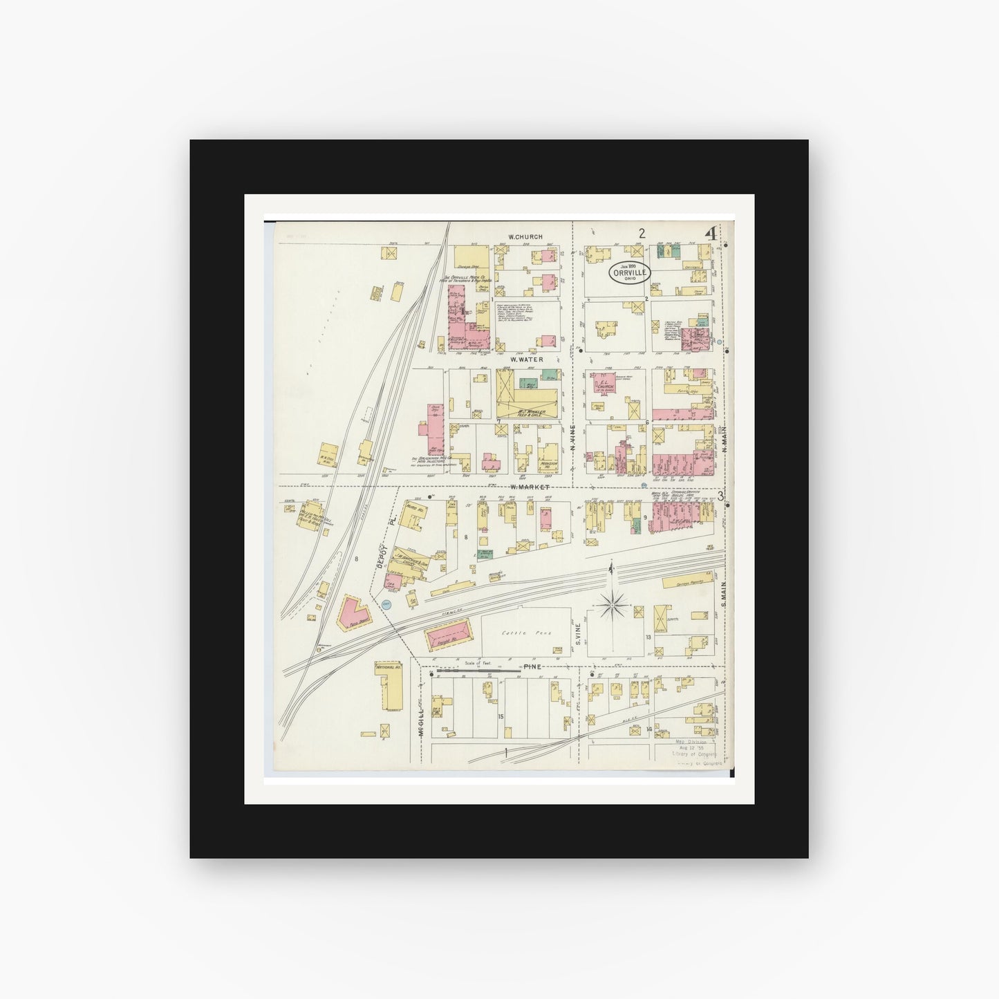Old map wall art mockup — black gallery frame with white mat — Sanborn Fire Insurance Map from Orrville, Wayne County, Ohio (1899), Sheet #0004