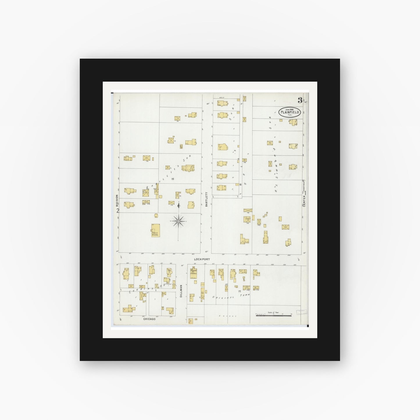 Old map wall art mockup — black gallery frame with white mat — Sanborn Fire Insurance Map from Plainfield, Will County, Illinois (1898), Sheet #0003