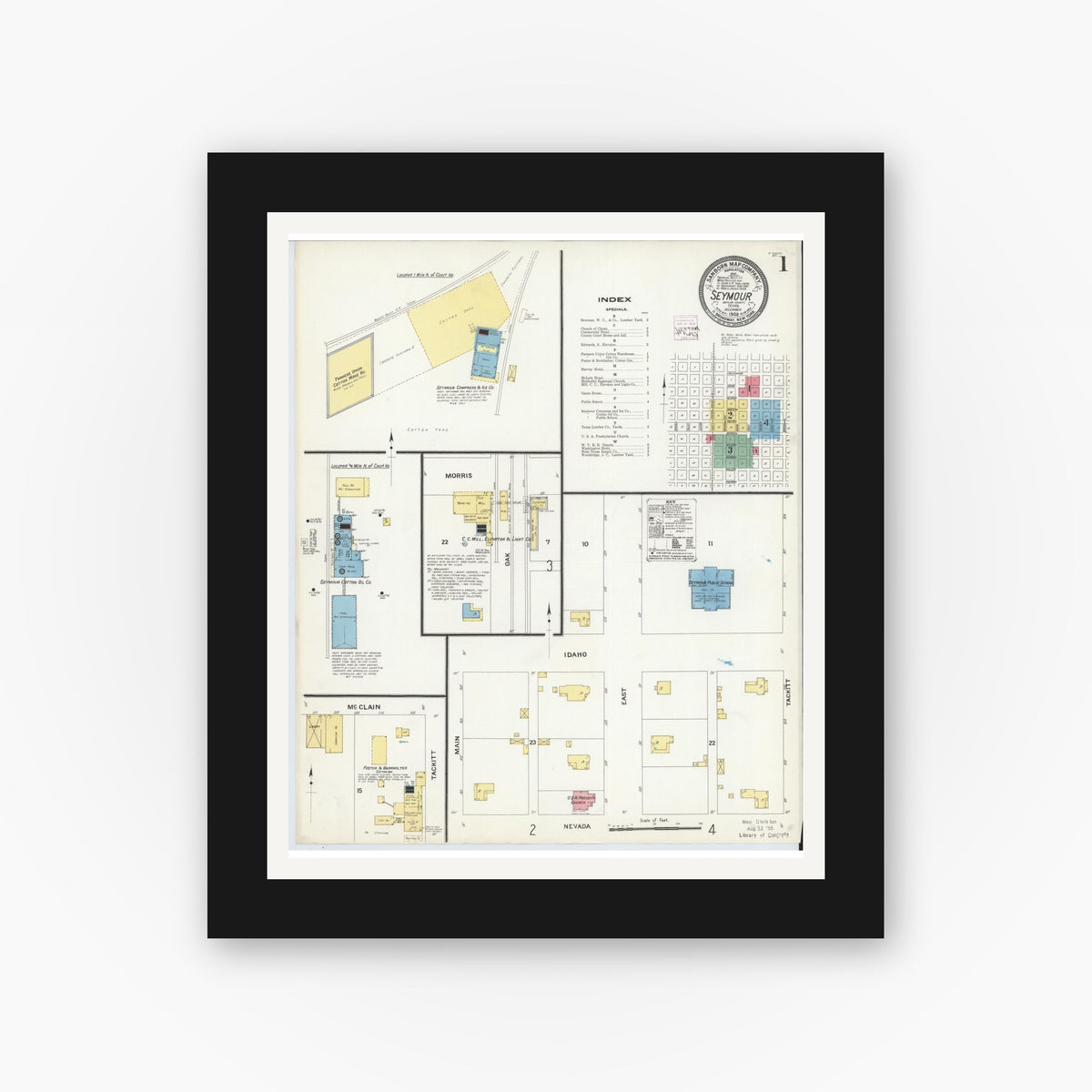 Old map wall art mockup — black gallery frame with white mat — Sanborn Fire Insurance Map from Seymour, Baylor County, Texas (1908), Sheet #0001