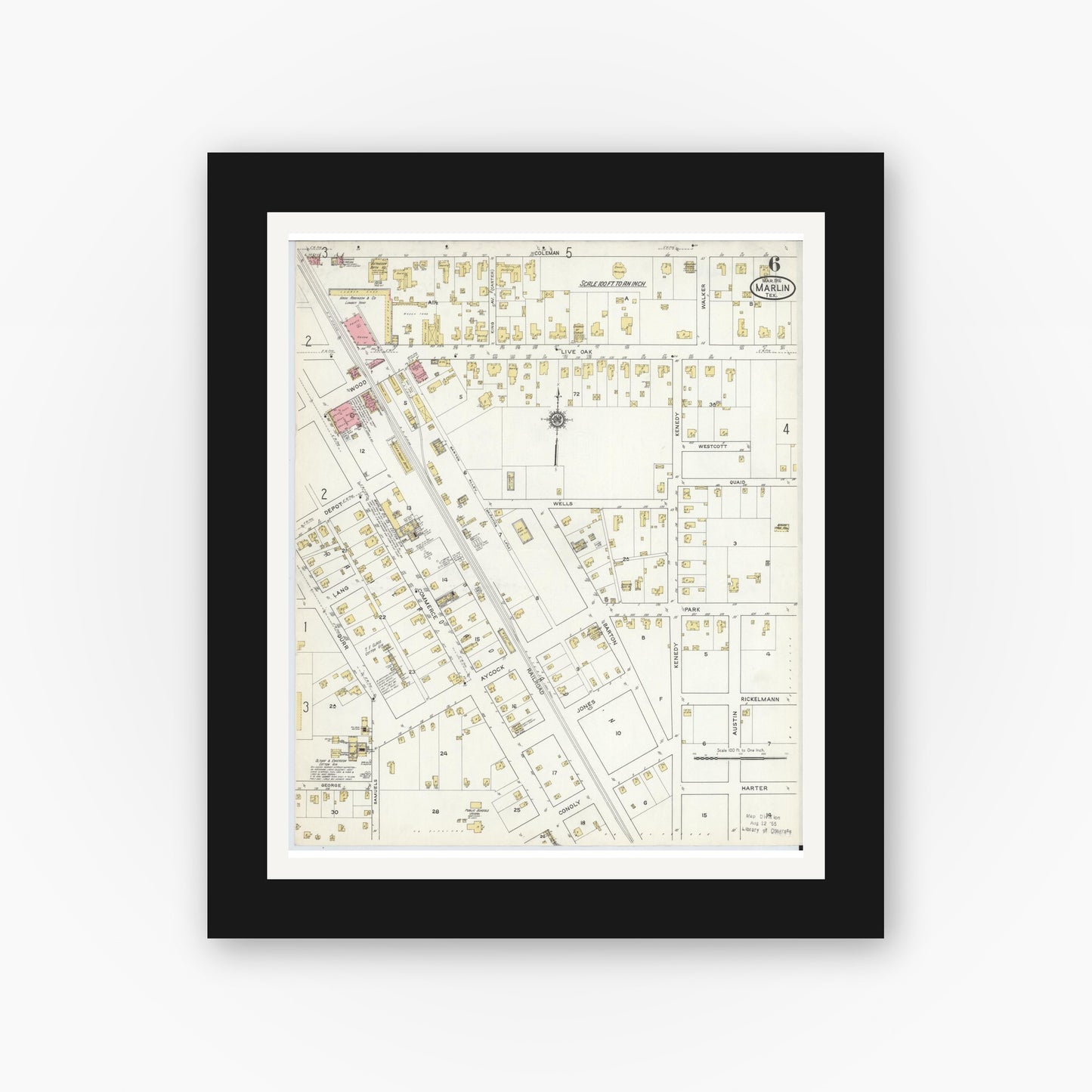 Old map wall art mockup — black gallery frame with white mat — Sanborn Fire Insurance Map from Marlin, Falls County, Texas (1916), Sheet #0006