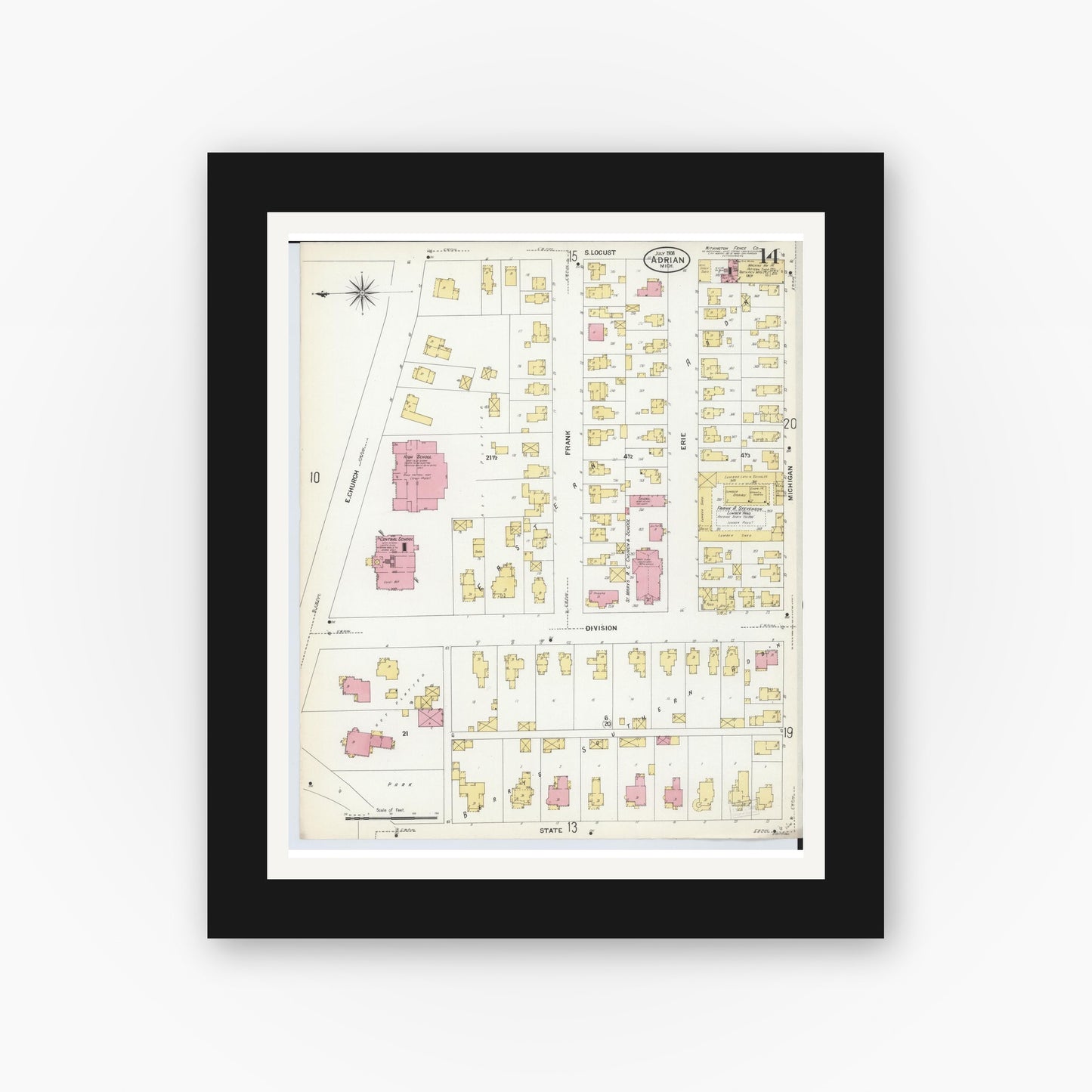 Old map wall art mockup — black gallery frame with white mat — Sanborn Fire Insurance Map from Adrian, Lenawee County, Michigan (1908), Sheet #0014