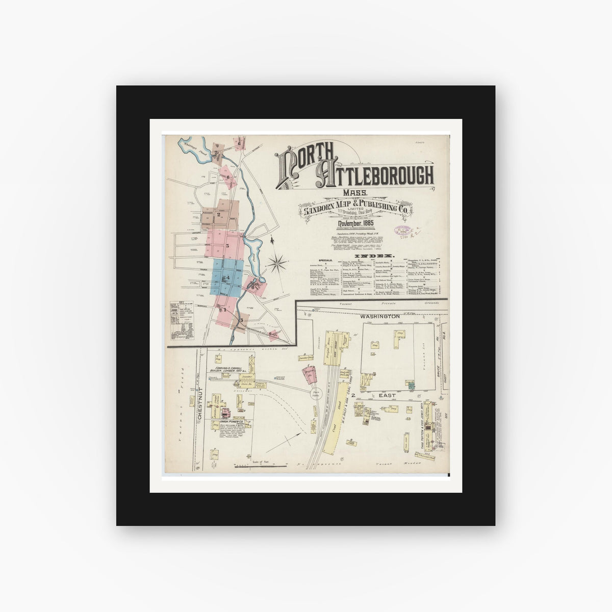 Old map wall art mockup — black gallery frame with white mat — Sanborn Fire Insurance Map from North Attleborough, Bristol County, Massachusetts (1885), Sheet #0001