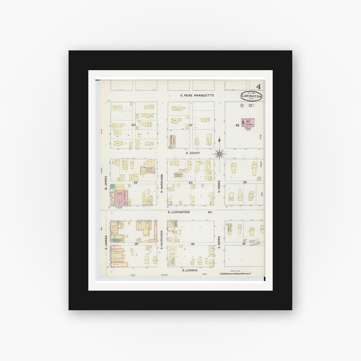 Old map wall art mockup — black gallery frame with white mat — Sanborn Fire Insurance Map from Ludington, Mason County, Michigan (1890), Sheet #0004
