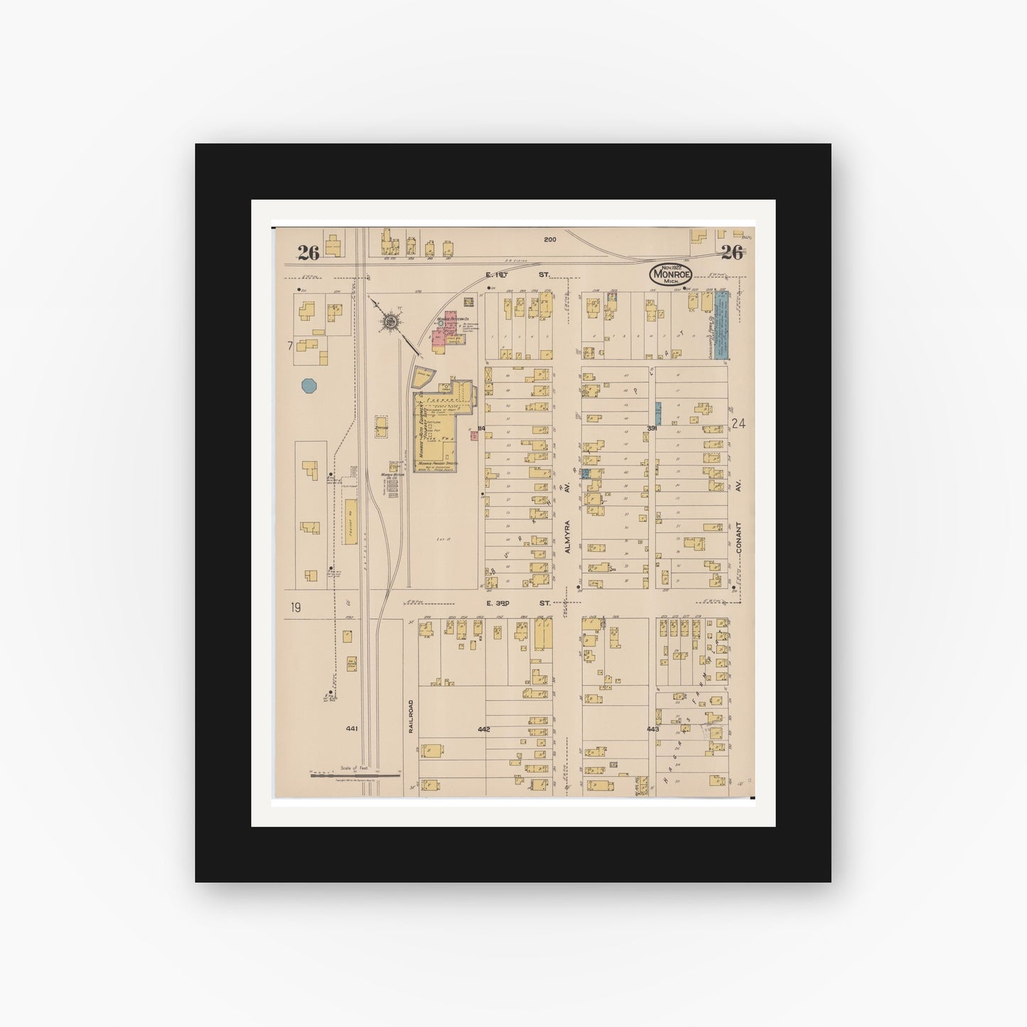 Old map wall art mockup — black gallery frame with white mat — Sanborn Fire Insurance Map from Monroe, Monroe County, Michigan (1922), Sheet #0026