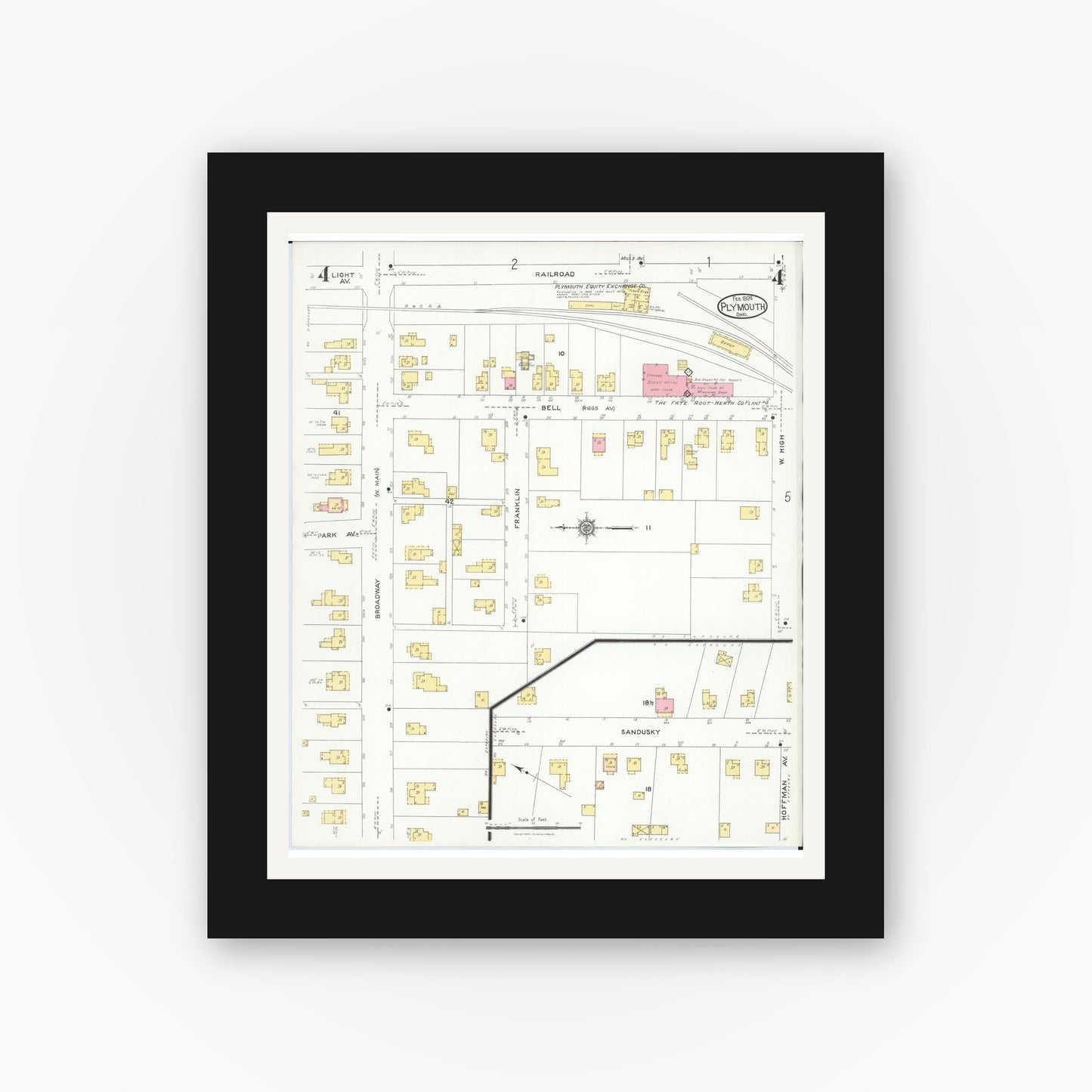 Old map wall art mockup — black gallery frame with white mat — Sanborn Fire Insurance Map from Plymouth, Huron And Richland Counties, Ohio (1924), Sheet #0004