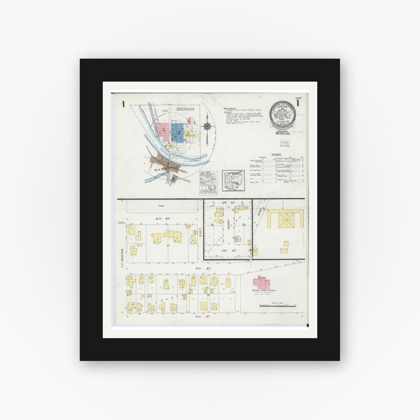 Old map wall art mockup — black gallery frame with white mat — Sanborn Fire Insurance Map from Beverly, Washington County, Ohio (1924) - Complete Map Set