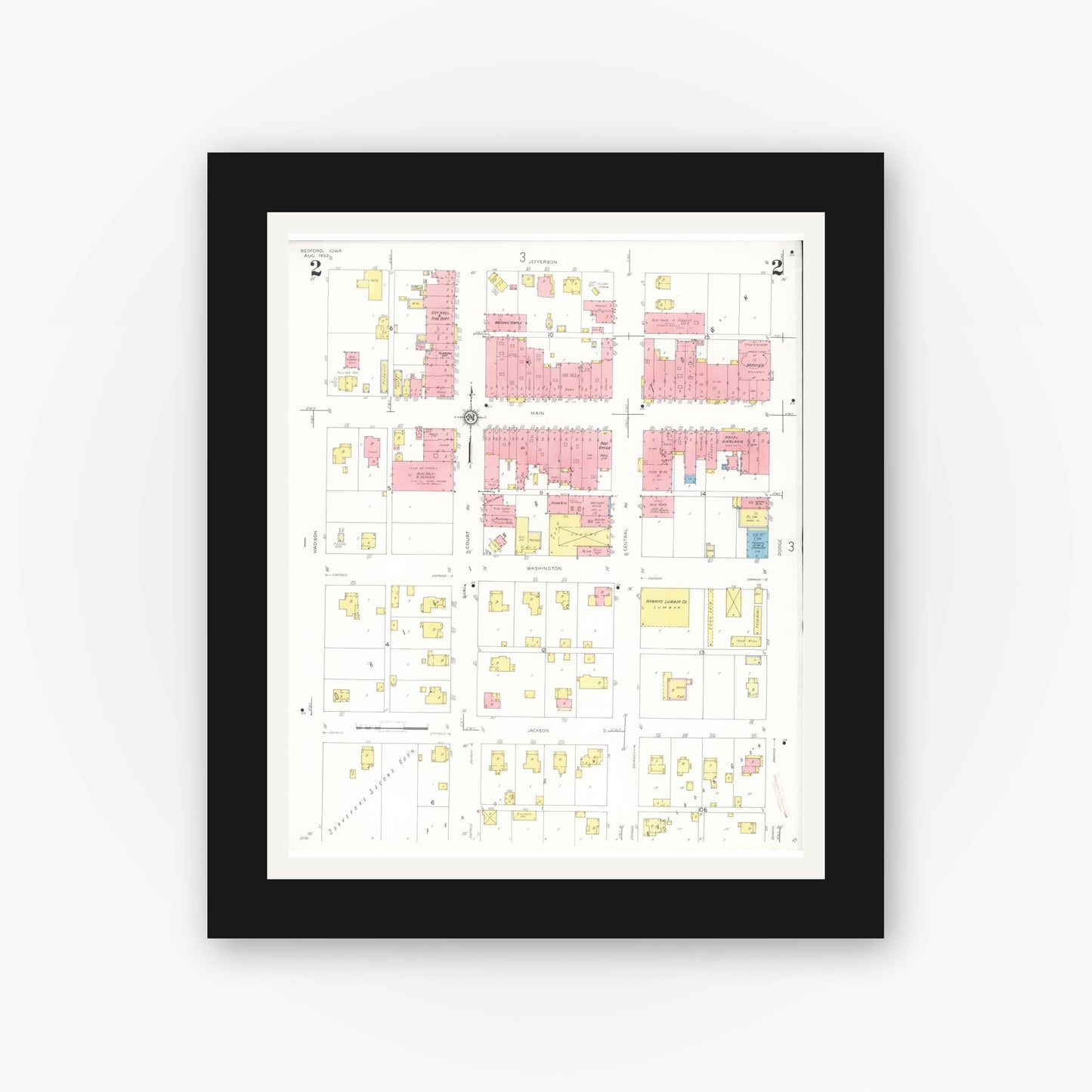 Old map wall art mockup — black gallery frame with white mat — Sanborn Fire Insurance Map from Bedford, Taylor County, Iowa (1933), Sheet #0002