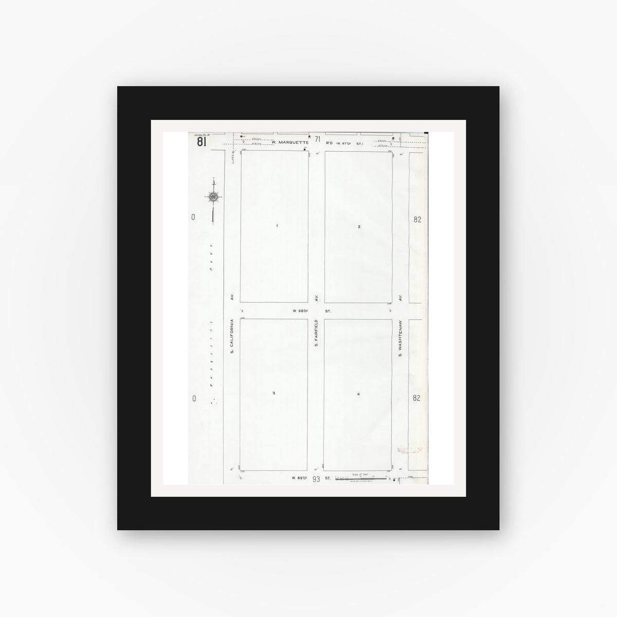 Old map wall art mockup — black gallery frame with white mat — Sanborn Fire Insurance Map from Chicago, Cook County, Illinois (1920), Sheet #0081