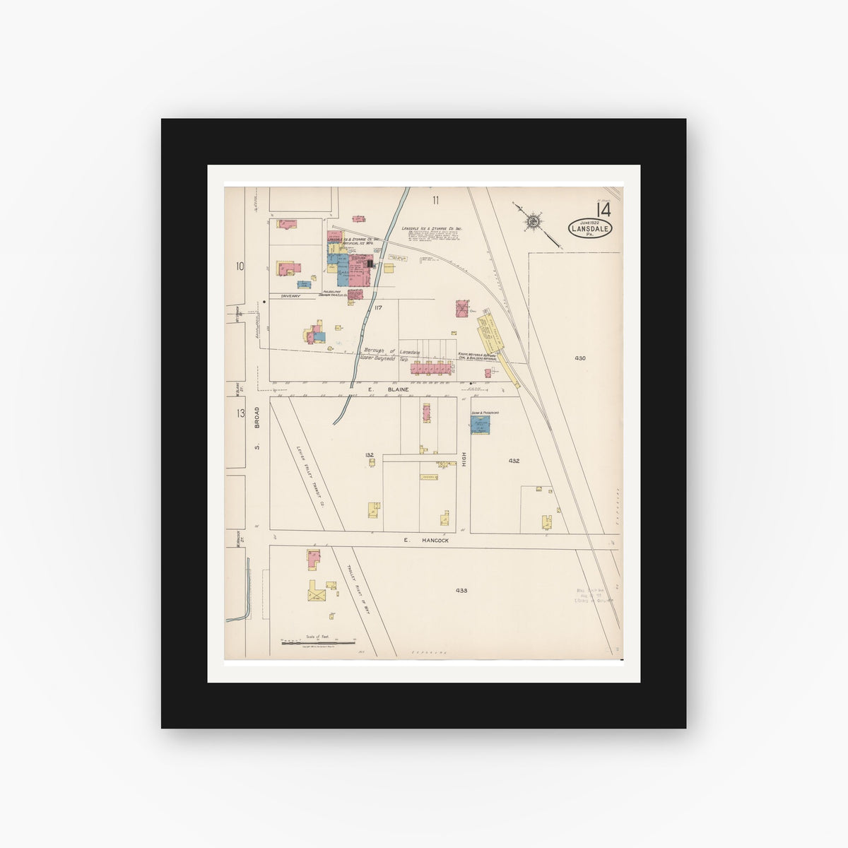 Old map wall art mockup — black gallery frame with white mat — Sanborn Fire Insurance Map from Lansdale, Montgomery County, Pennsylvania (1922), Sheet #0014
