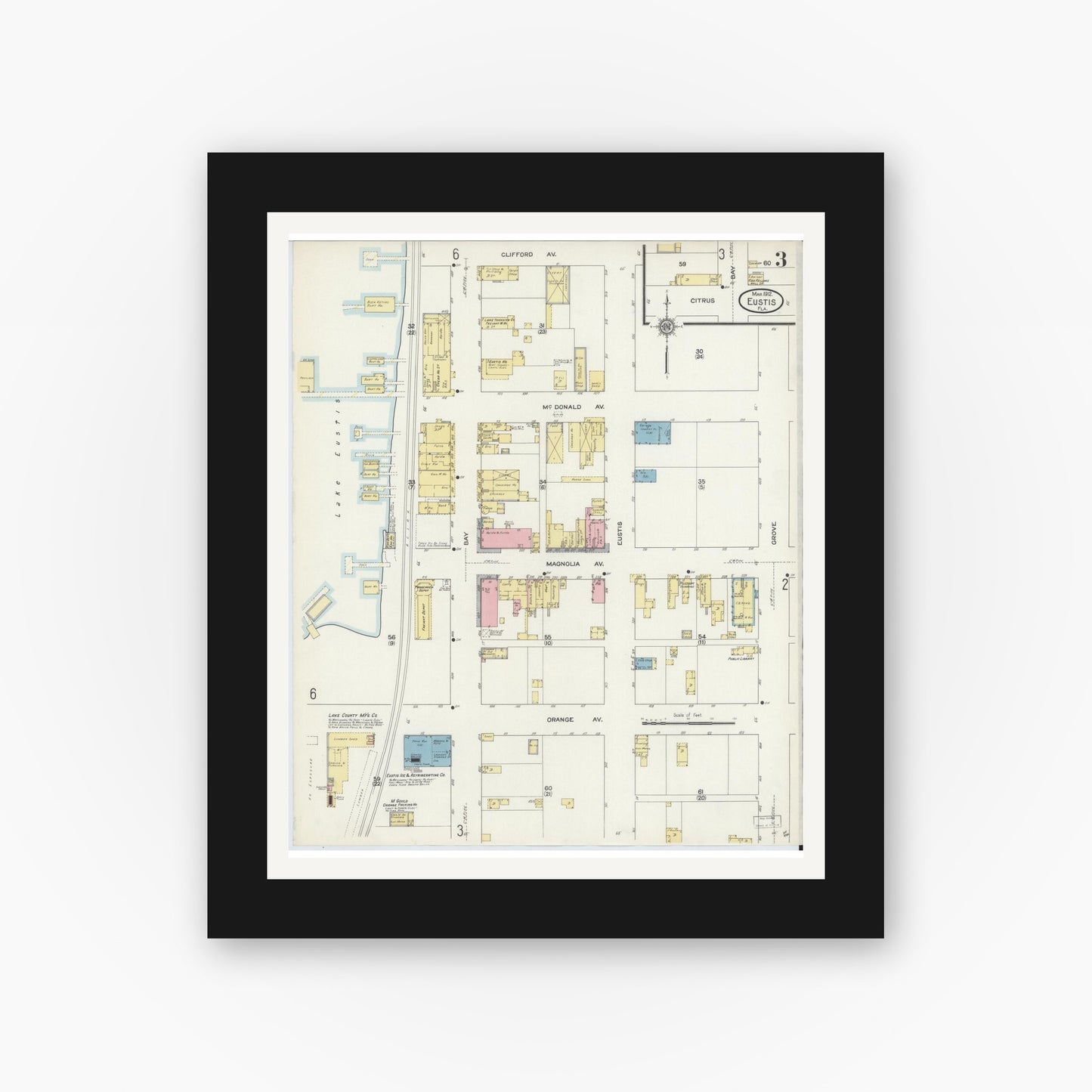 Old map wall art mockup — black gallery frame with white mat — Sanborn Fire Insurance Map from Eustis, Lake County, Florida (1912), Sheet #0003
