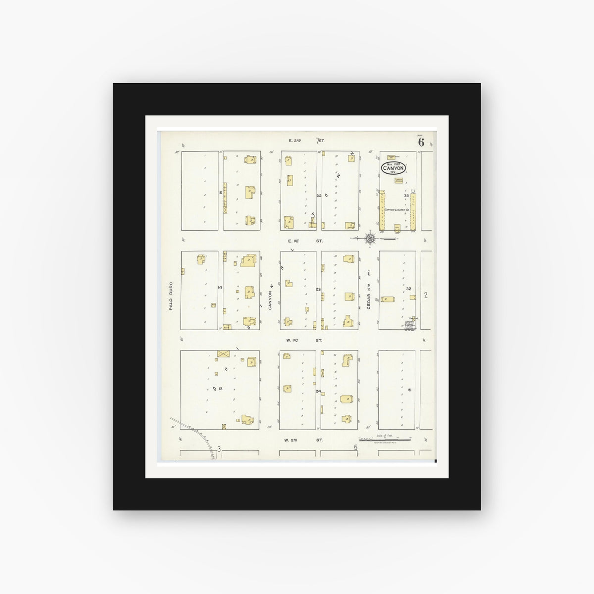 Old map wall art mockup — black gallery frame with white mat — Sanborn Fire Insurance Map from Canyon, Randall County, Texas (1920), Sheet #0006