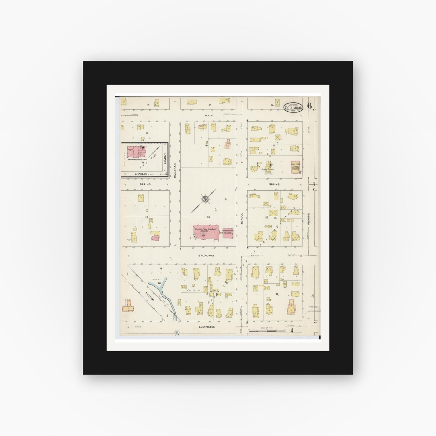 Old map wall art mockup — black gallery frame with white mat — Sanborn Fire Insurance Map from Columbus, Columbia and Dodge County, Wisconsin (1915), Sheet #0006