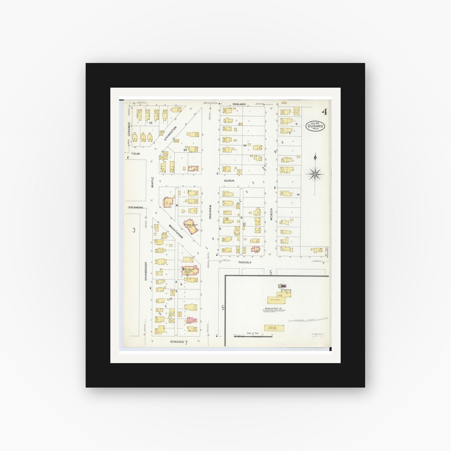 Old map wall art mockup — black gallery frame with white mat — Sanborn Fire Insurance Map from Durand, Shiawassee County, Michigan (1908), Sheet #0004