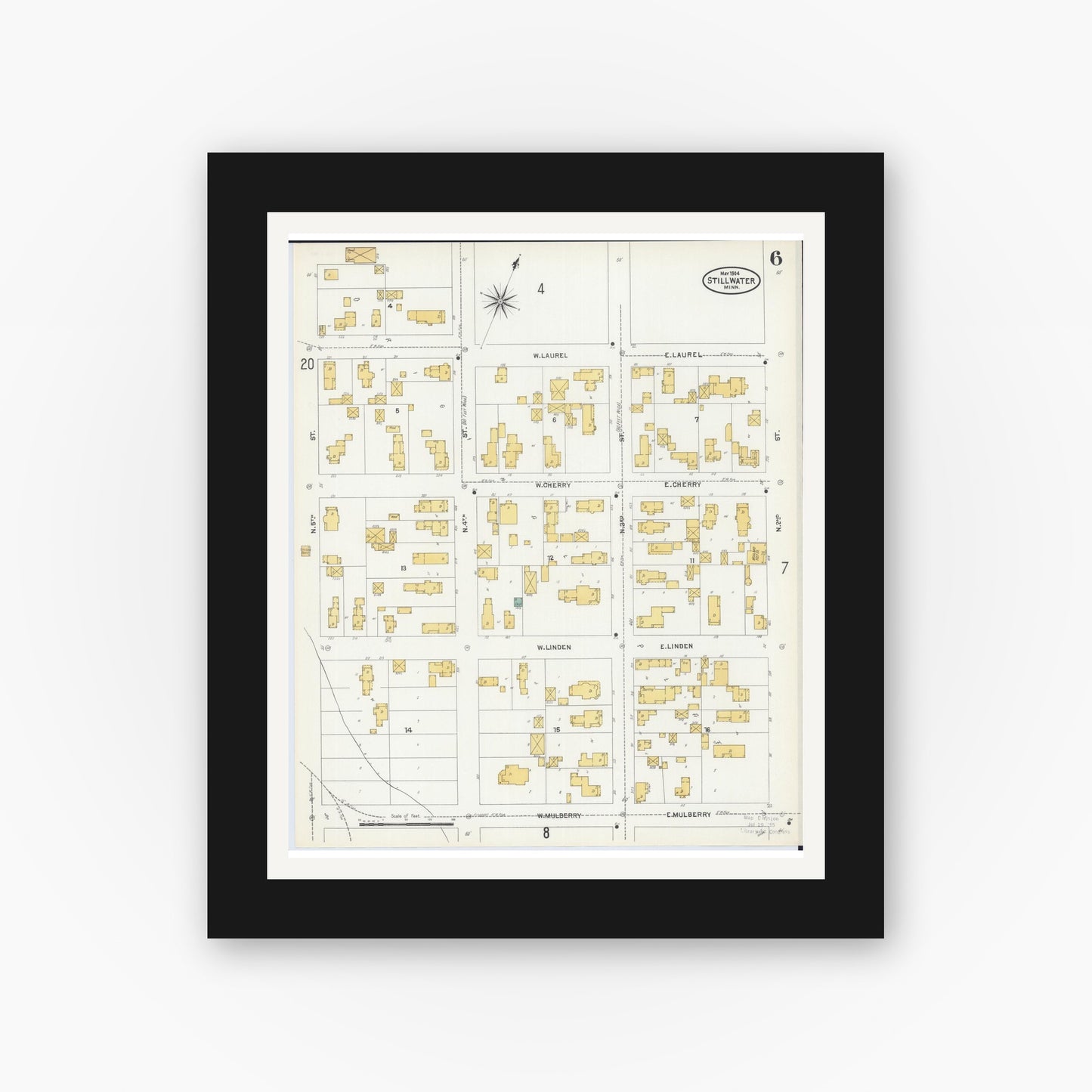 Old map wall art mockup — black gallery frame with white mat — Sanborn Fire Insurance Map from Stillwater, Washington County, Minnesota (1904), Sheet #0006