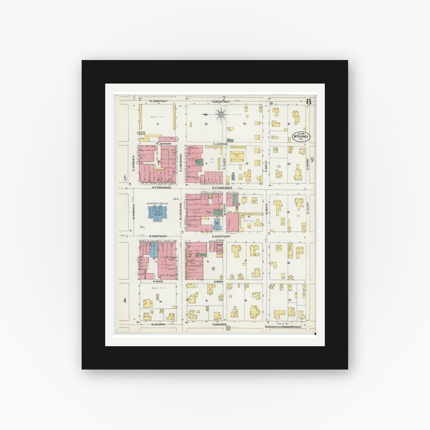 Old map wall art mockup — black gallery frame with white mat — Sanborn Fire Insurance Map from McKinney, Collin County, Texas (1902), Sheet #0008