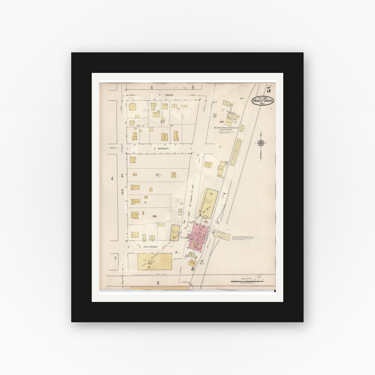 Old map wall art mockup — black gallery frame with white mat — Sanborn Fire Insurance Map from Honey Grove, Fannin County, Texas (1943), Sheet #0005