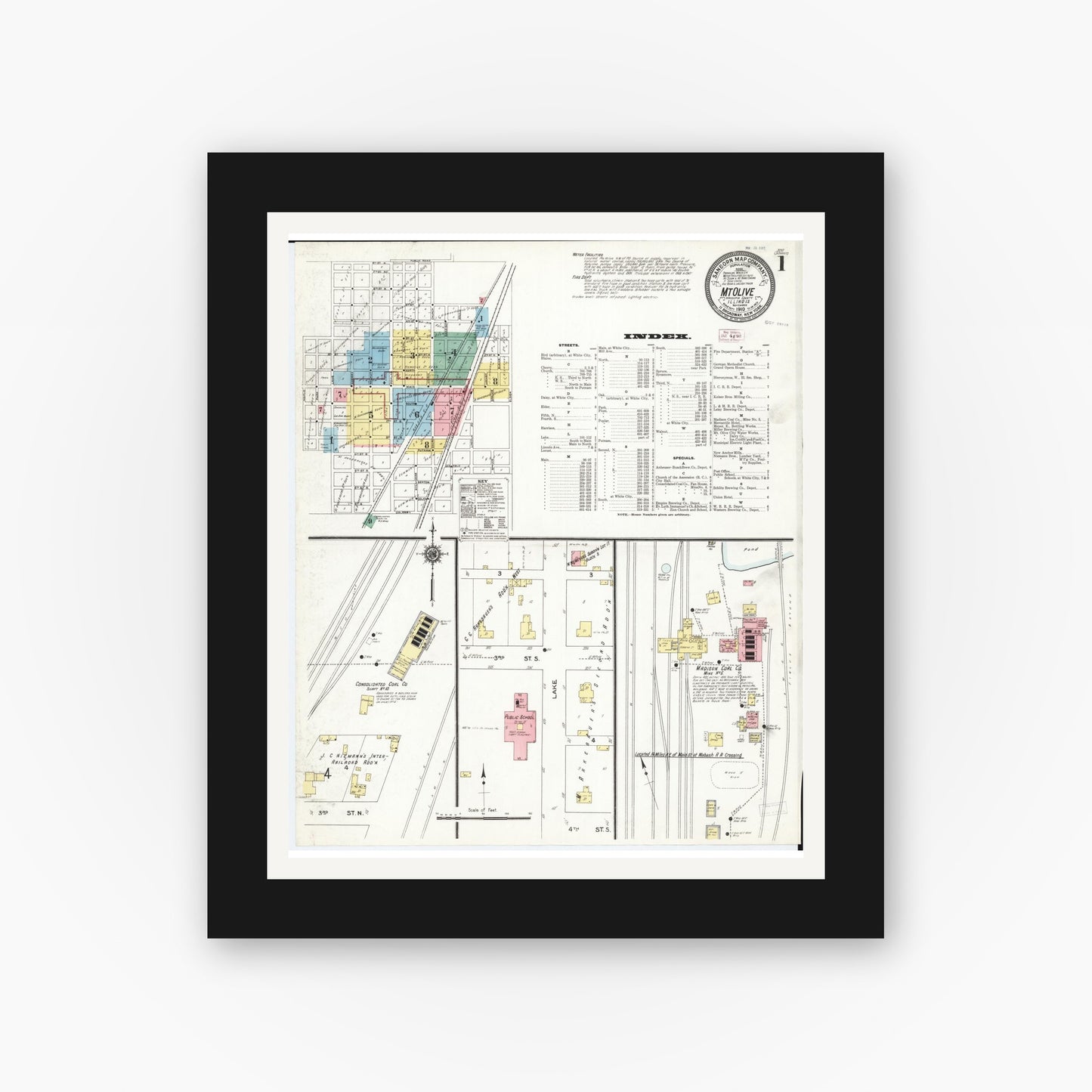 Old map wall art mockup — black gallery frame with white mat — Sanborn Fire Insurance Map from Mount Olive, Macoupin County, Illinois (1910) - Complete Map Set