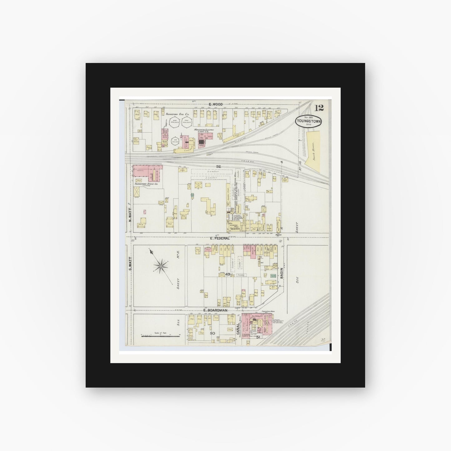 Old map wall art mockup — black gallery frame with white mat — Sanborn Fire Insurance Map from Youngstown, Mahoning County, Ohio (1889), Sheet #0012