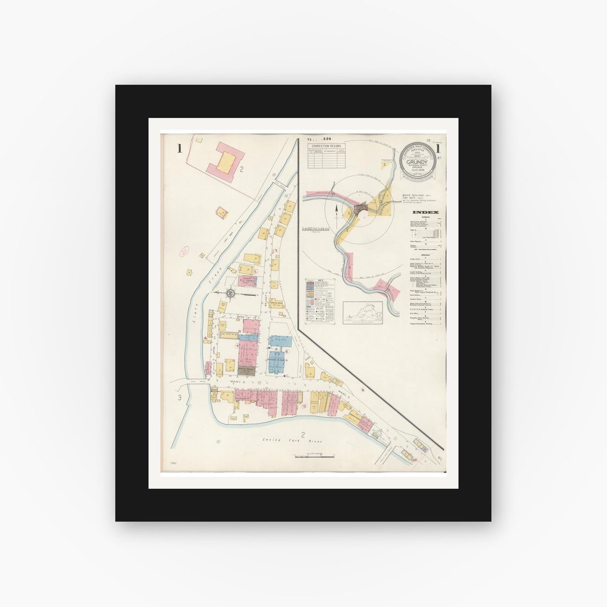 Old map wall art mockup — black gallery frame with white mat — Sanborn Fire Insurance Map from Grundy, Buchanan County, Virginia (1936) - Complete Map Set