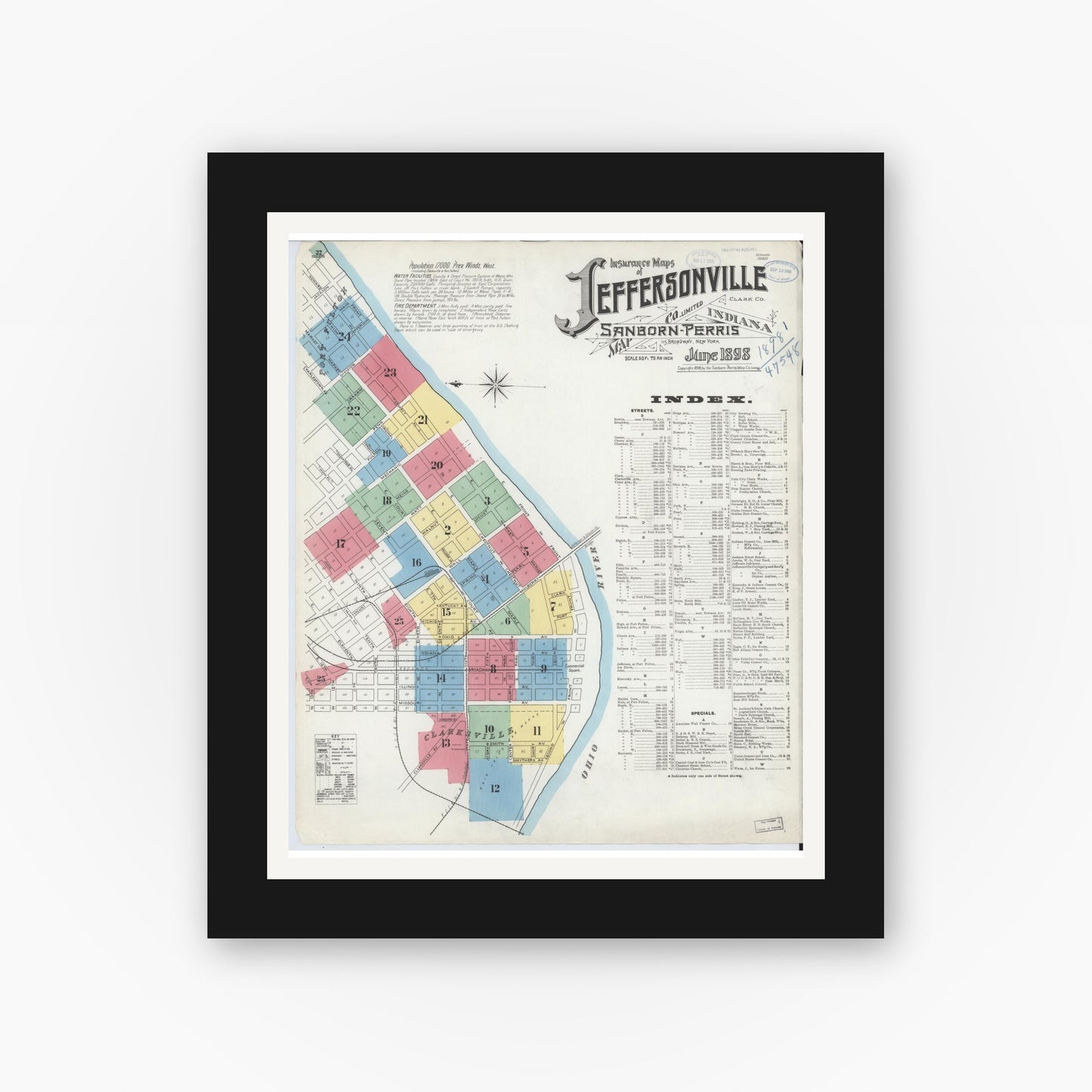 Old map wall art mockup — black gallery frame with white mat — Sanborn Fire Insurance Map from Jeffersonville, Clark County, Indiana (1898), Sheet #0001