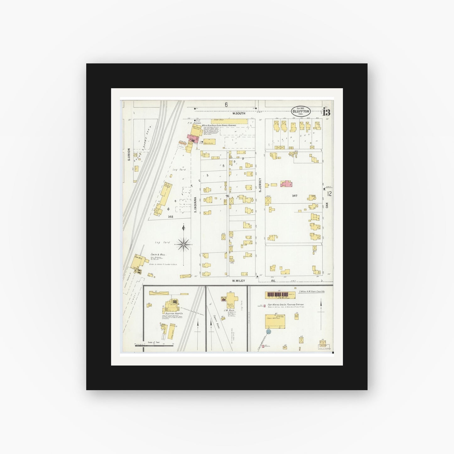 Old map wall art mockup — black gallery frame with white mat — Sanborn Fire Insurance Map from Bluffton, Wells County, Indiana (1900), Sheet #0013