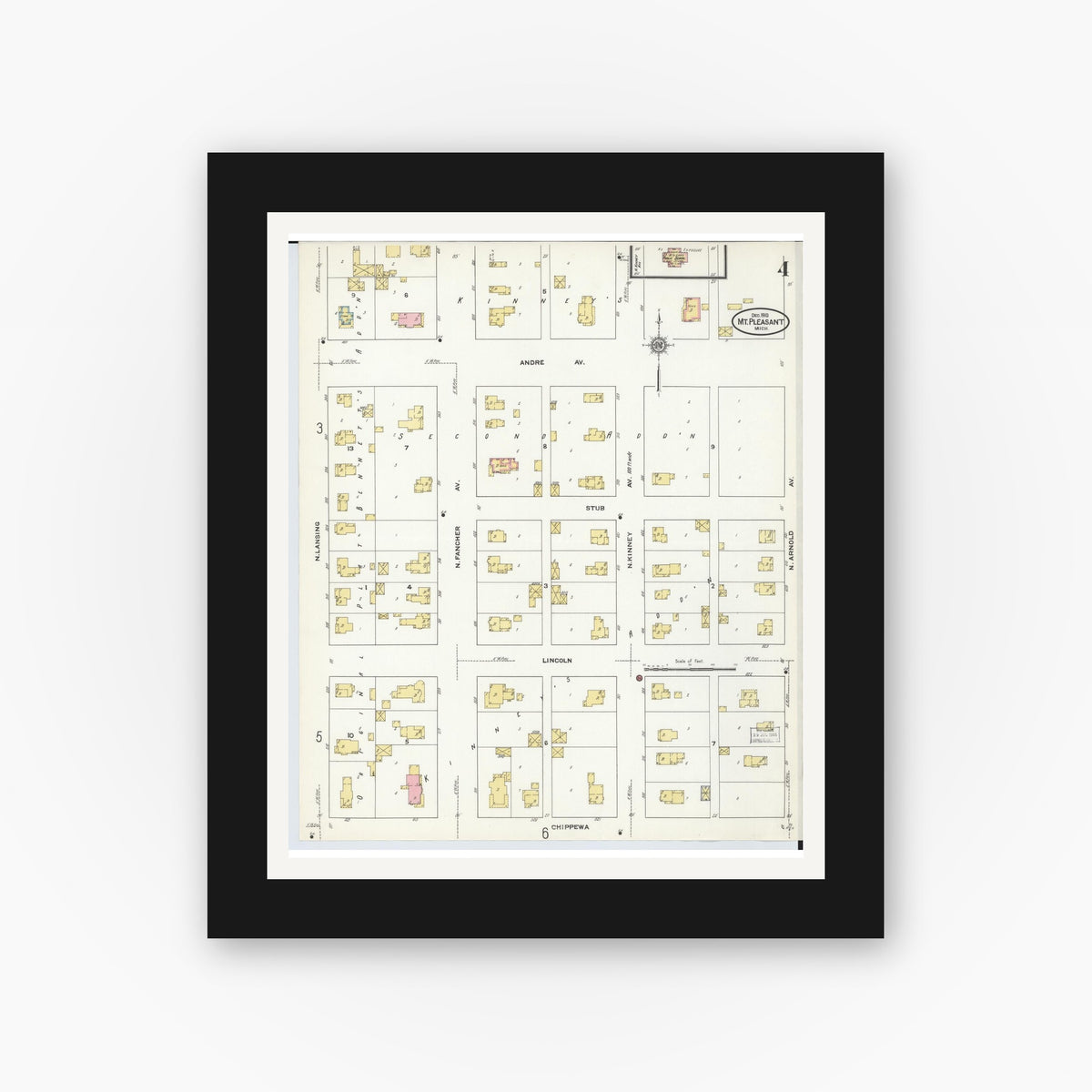 Old map wall art mockup — black gallery frame with white mat — Sanborn Fire Insurance Map from Mount Pleasant, Isabella County, Michigan (1910), Sheet #0004