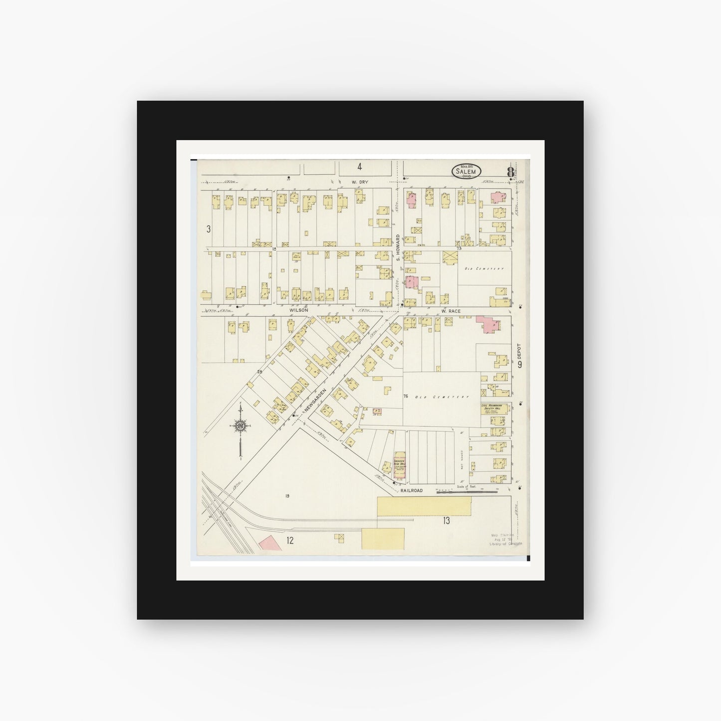 Old map wall art mockup — black gallery frame with white mat — Sanborn Fire Insurance Map from Salem, Columbiana County, Ohio (1915), Sheet #0008