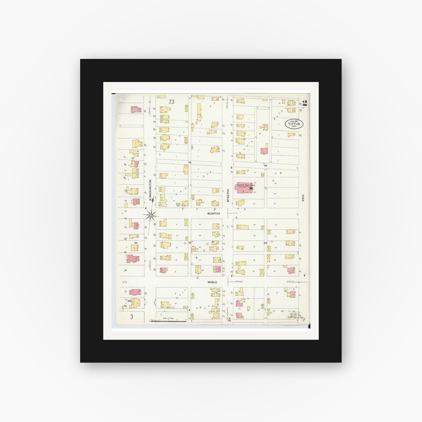 Old map wall art mockup — black gallery frame with white mat — Sanborn Fire Insurance Map from Tiffin, Seneca County, Ohio (1908), Sheet #0002