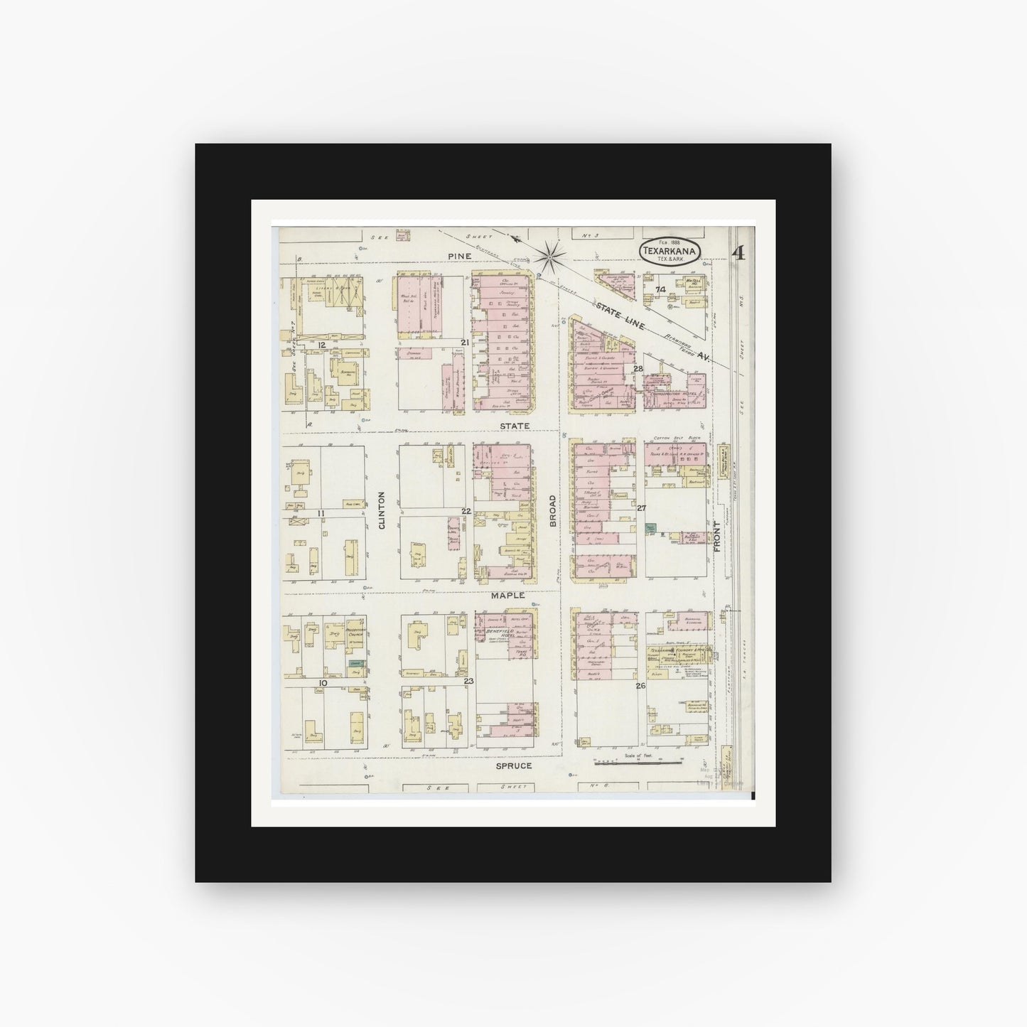 Old map wall art mockup — black gallery frame with white mat — Sanborn Fire Insurance Map from Texarkana, Bowie County, Texas (1888), Sheet #0004