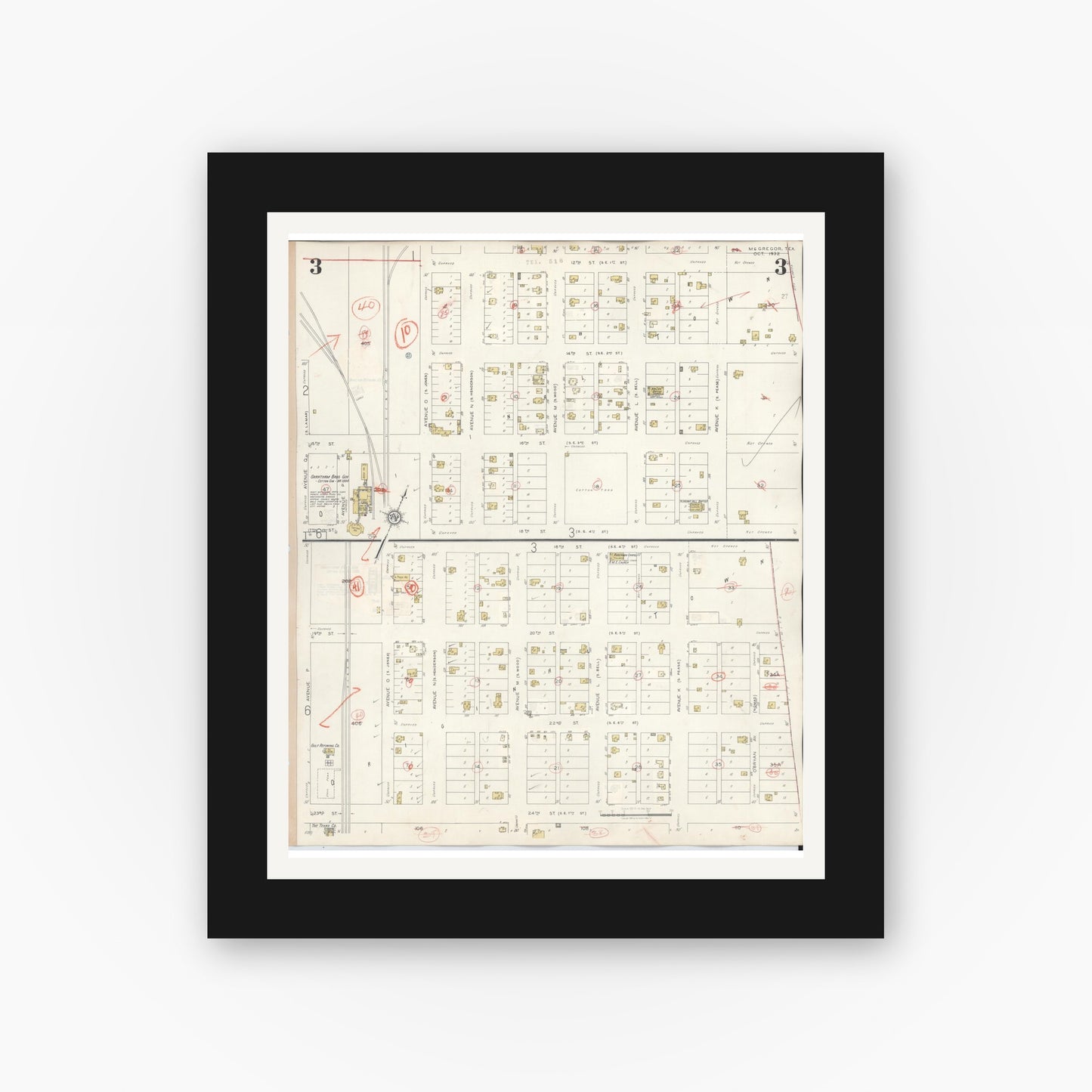 Old map wall art mockup — black gallery frame with white mat — Sanborn Fire Insurance Map from McGregor, McLennan County, Texas (1942), Sheet #0003