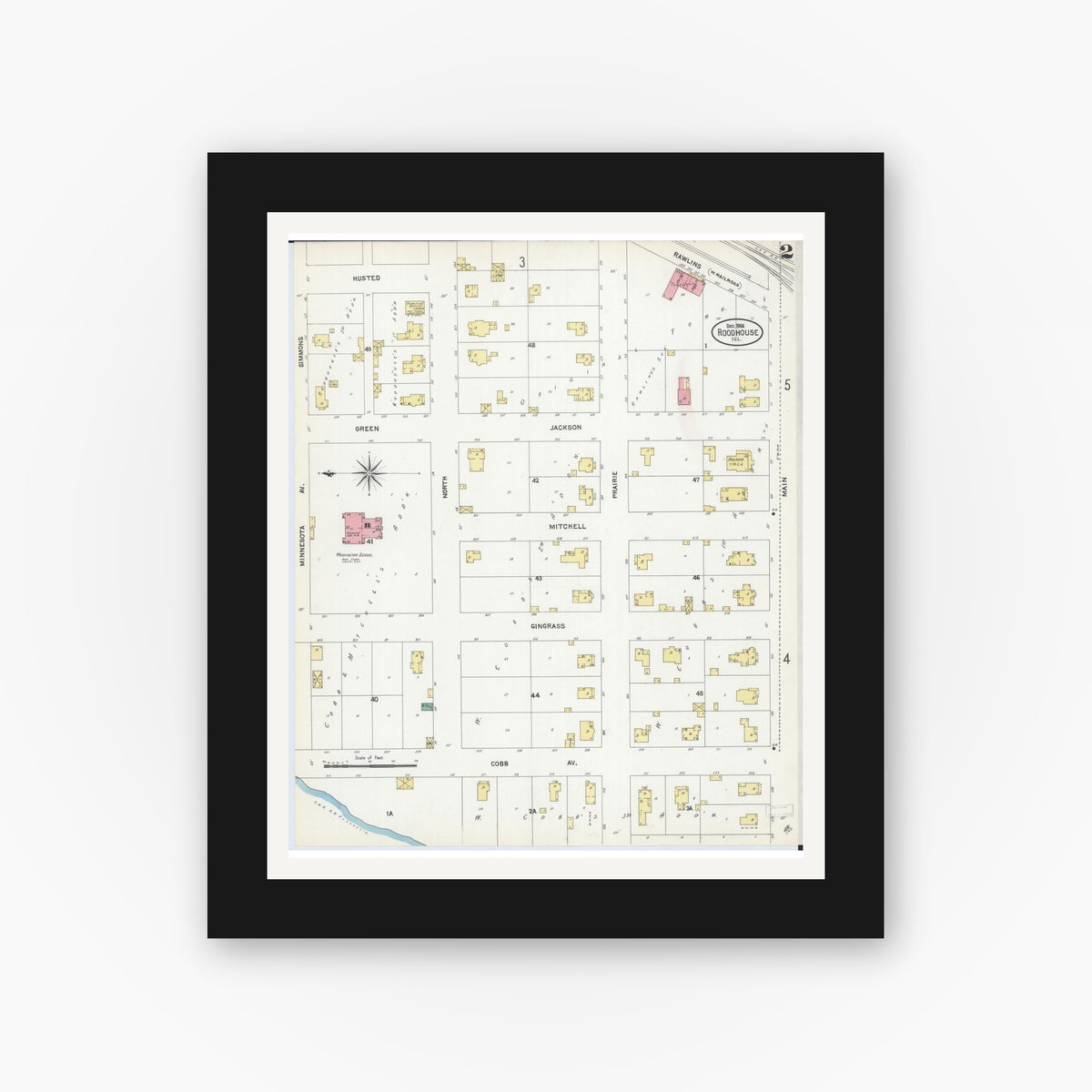 Old map wall art mockup — black gallery frame with white mat — Sanborn Fire Insurance Map from Roodhouse, Greene County, Illinois (1906), Sheet #0002