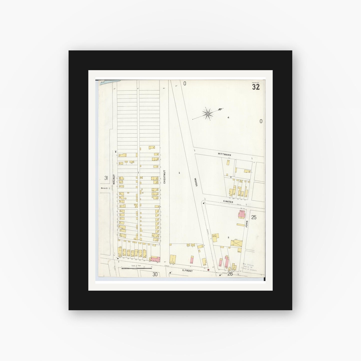 Old map wall art mockup — black gallery frame with white mat — Sanborn Fire Insurance Map from Hamilton, Butler County, Ohio (1899), Sheet #0032
