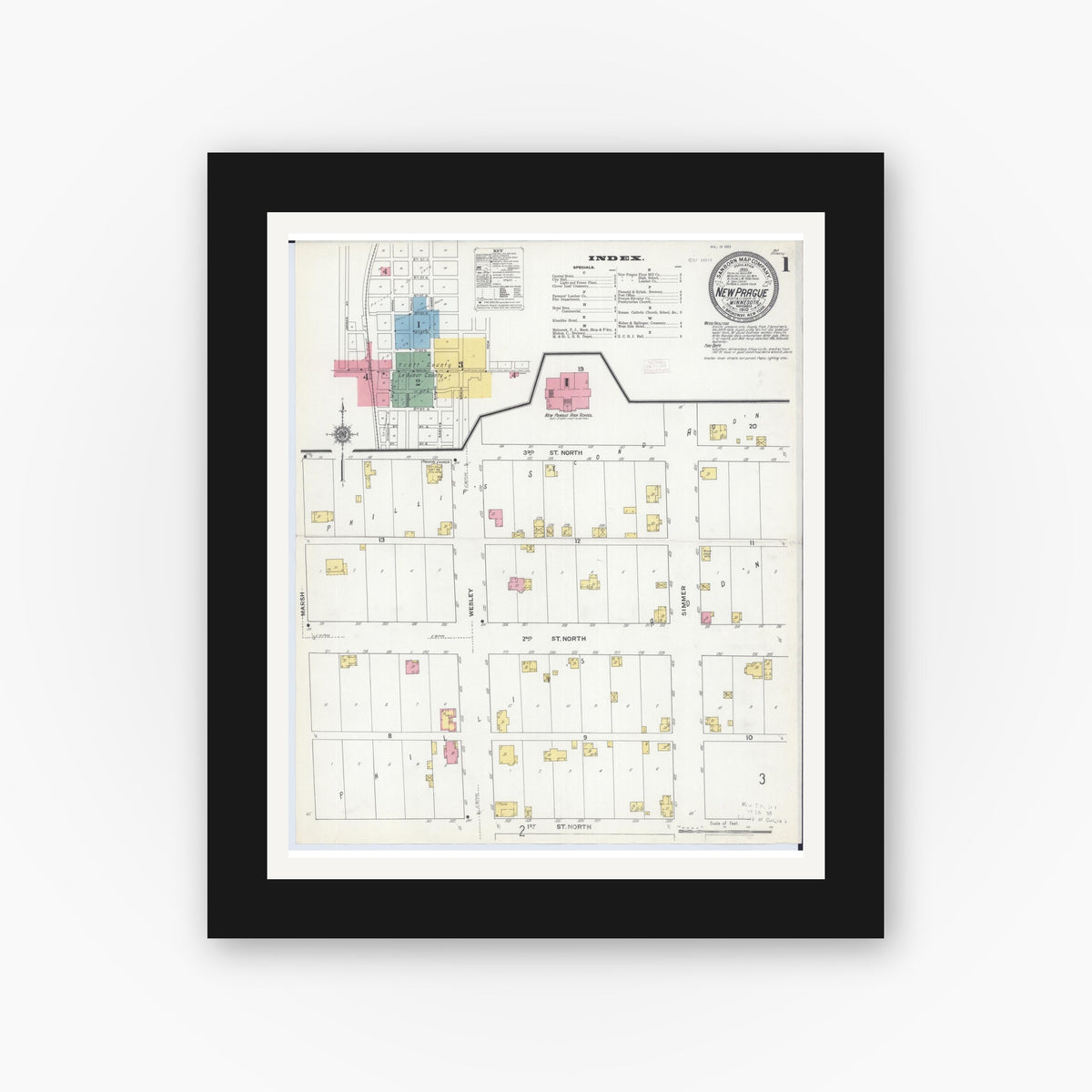 Old map wall art mockup — black gallery frame with white mat — Sanborn Fire Insurance Map from New Prague, Scott And Le Sueur, Minnesota (1910) - Complete Map Set