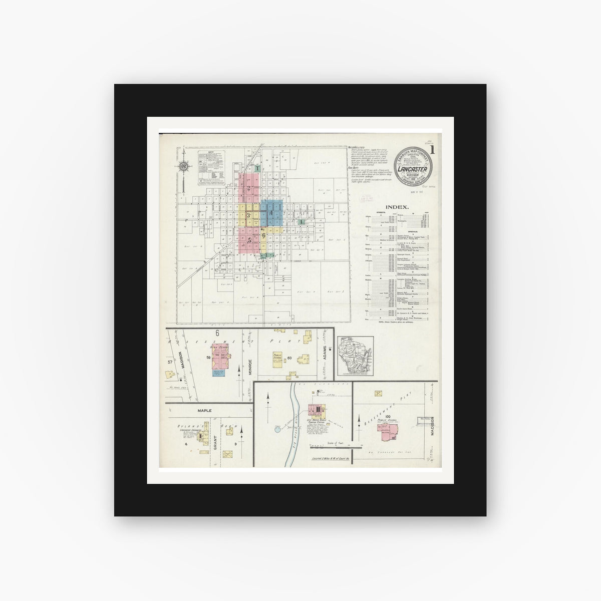 Old map wall art mockup — black gallery frame with white mat — Sanborn Fire Insurance Map from Lancaster, Grant County, Wisconsin (1912) - Complete Map Set