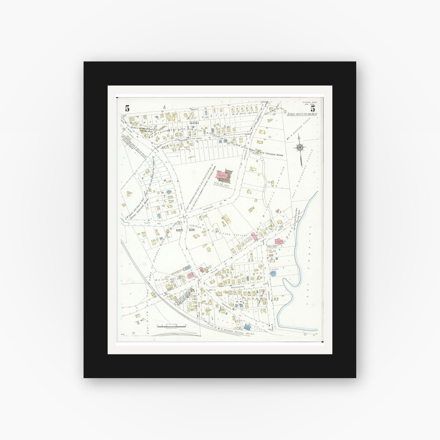 Old map wall art mockup — black gallery frame with white mat — Sanborn Fire Insurance Map from Cleves, Hamilton County, Ohio (1938), Sheet #0005