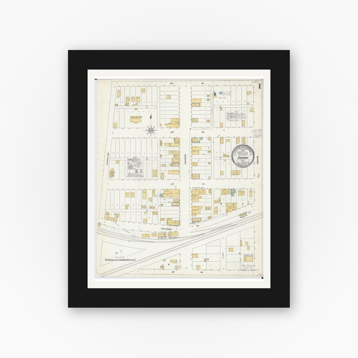 Old map wall art mockup — black gallery frame with white mat — Sanborn Fire Insurance Map from Aurora, Saint Louis County, Minnesota (1906), Sheet #0001